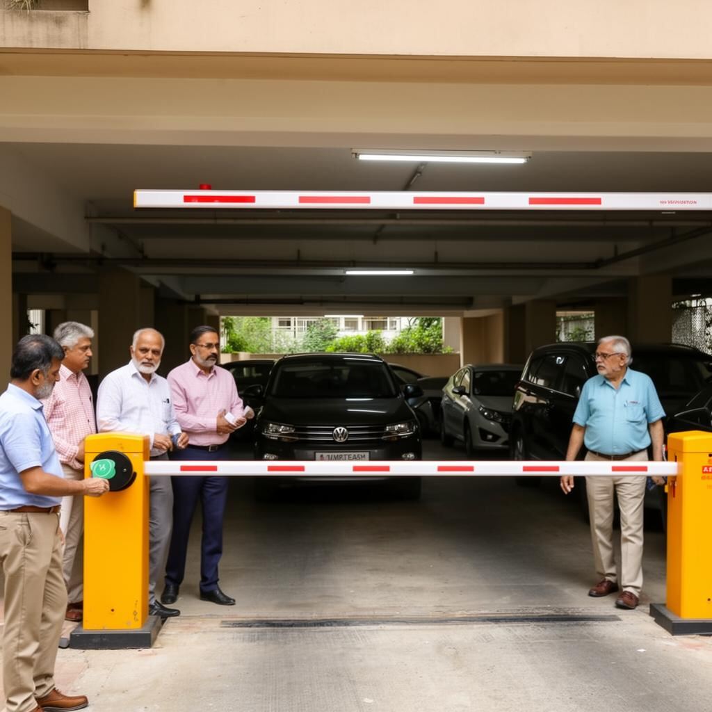 Basement parking barrier at a residential community with vehicles entering without visible verification