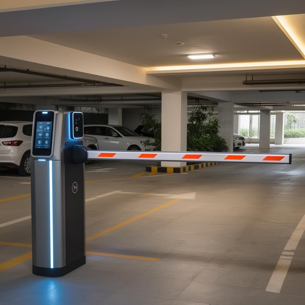 Sleek basement parking boom barrier with a mounted access control device in a premium residential community