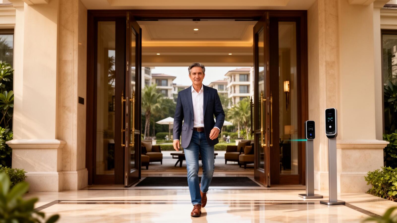 Resident walking confidently into a premium residential clubhouse entrance