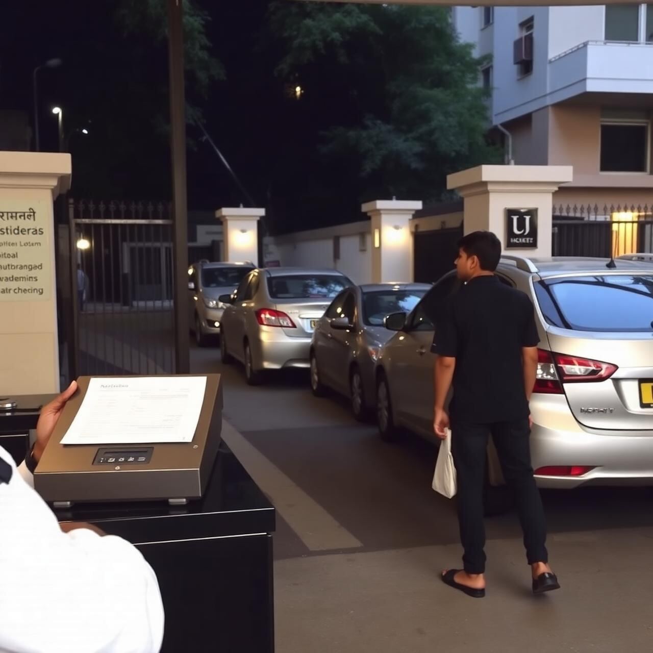 Security guard at a residential community gate with manual register and queued vehicles while a pedestrian passes through