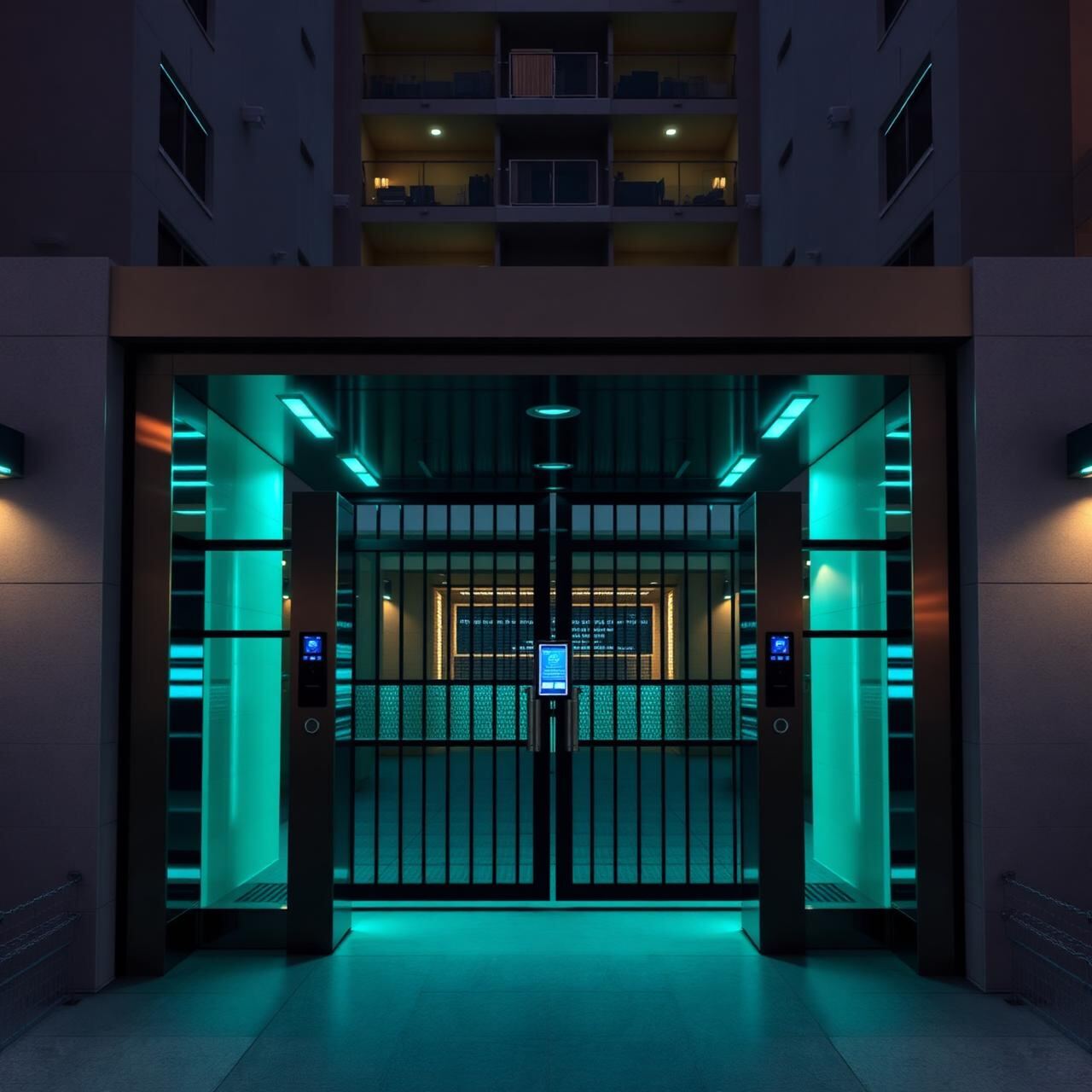Modern residential pedestrian gate with sleek access control devices and premium security styling