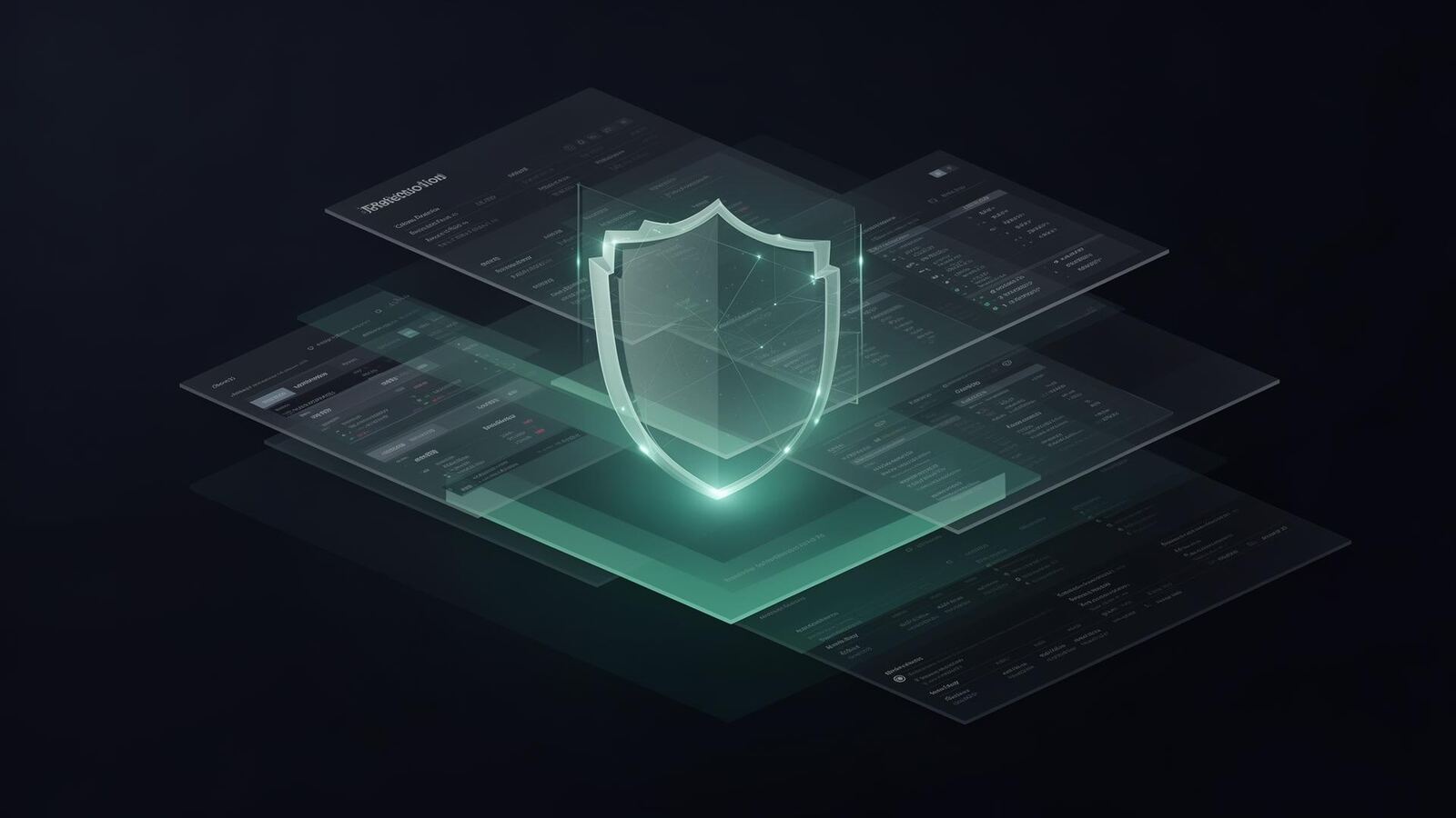 Layered privacy architecture visual with a glowing shield at the centre