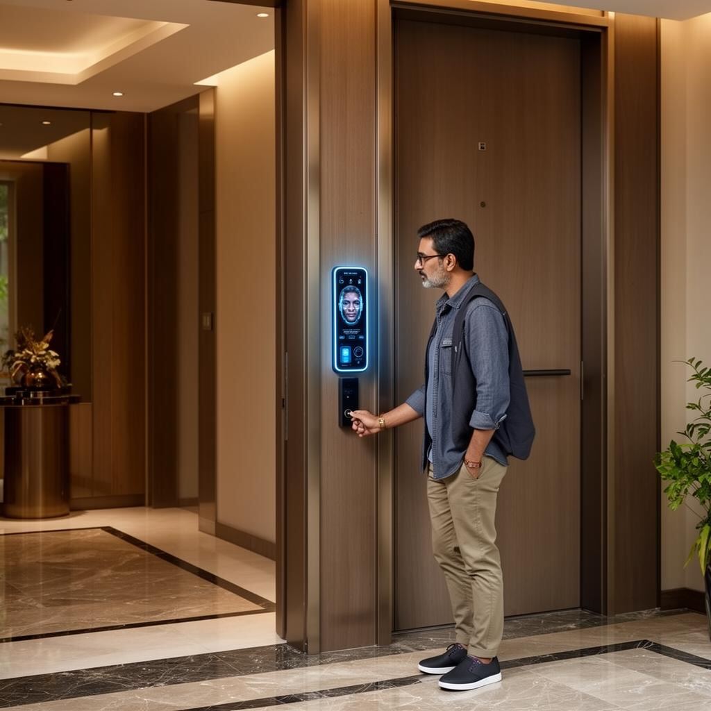 Resident approaching a premium residential access door with face recognition enabled