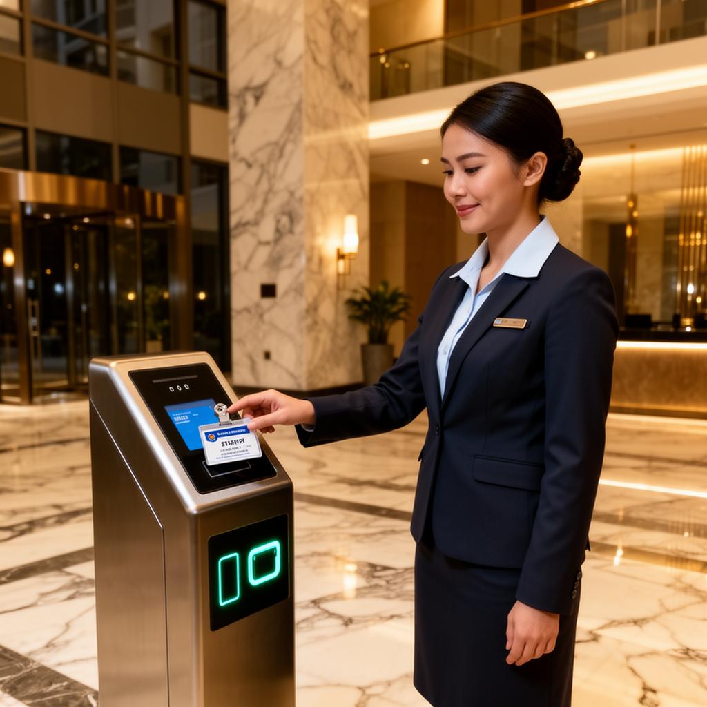 Domestic helper tapping an ADDA-issued ID card at a residential lobby access device